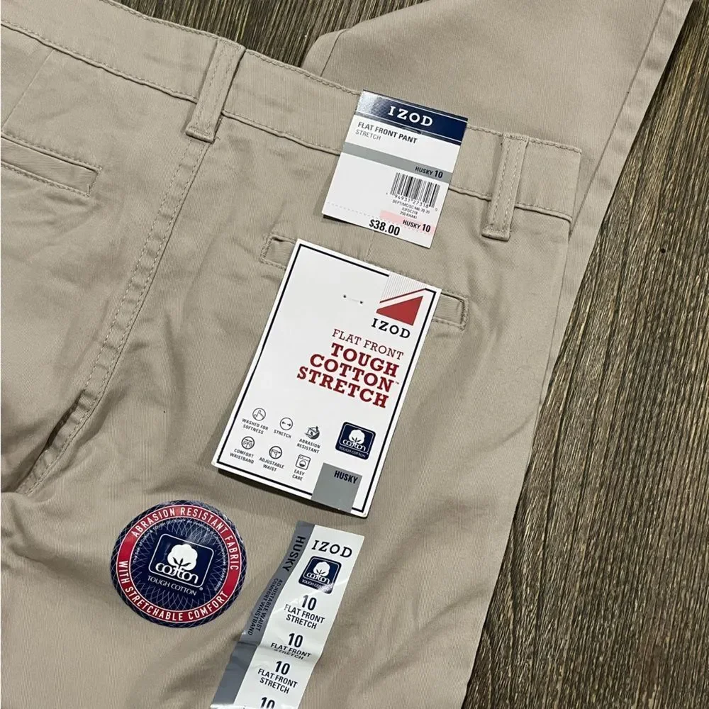 NWT Izod Pants Boys Chino Flat Front Straight Leg Cotton Stretch Beige Size 10